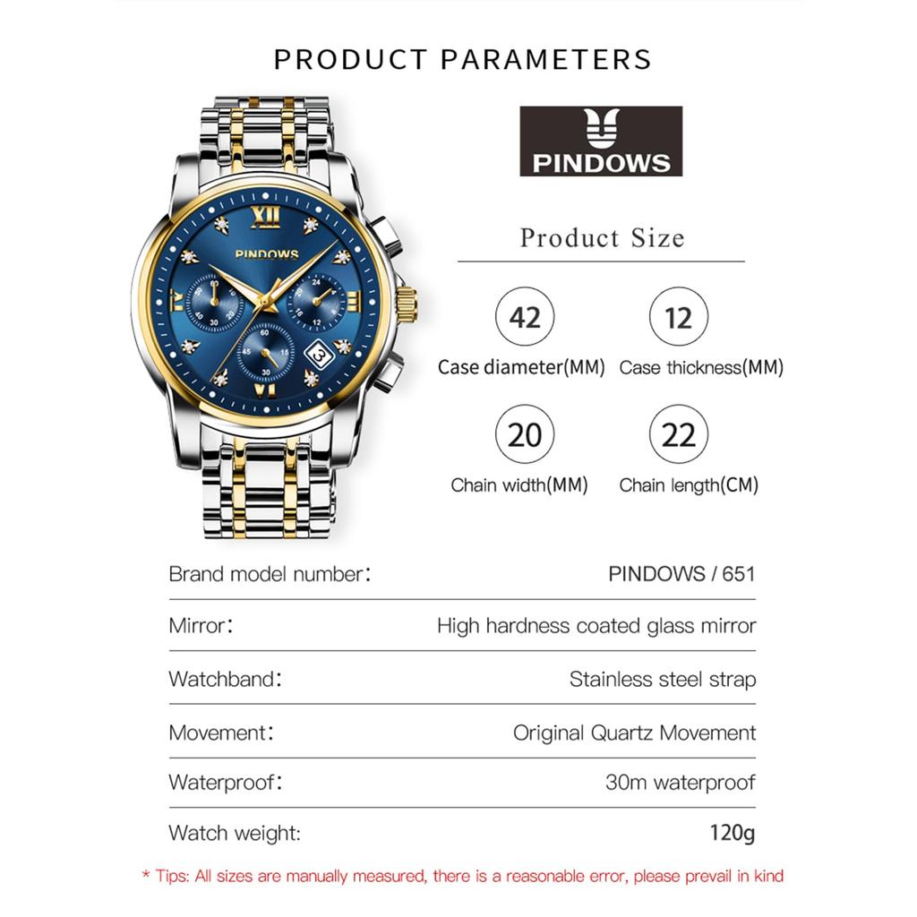 PINDOWS Diamond Business Dress Аналоговые кварцевые Роскошные Водонепроницаемые Светящиеся Дата Нержавеющая сталь Классические Модные Часы Мужские часы, Дисплей, Двухцветные
