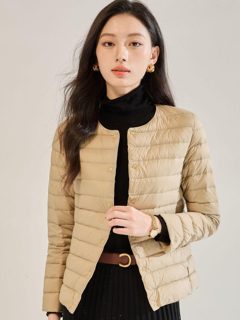 Women's White Duck Down Short Winter Jacket - Lightweight, Warm, Round Neck Inner Lining, Outerwear