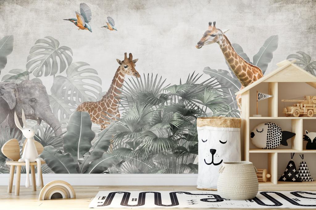 Children's photo wallpaper safari jungle tropics elephant and giraffes DWK432 200x135
