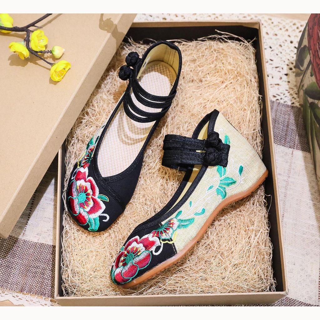 Chinese Embroidered Hibiscus Flowers Cloth Shoes Women's Shoes and Linen Tendon Soles