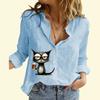 Women Fashion Cotton Linen Shirt Casual Thin Long Sleeve Top Ladies Cat Print Buttoned Blouse