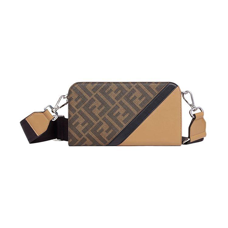 Fendi Palladium Plated Metal Button Closure Crossbody Wallet Men Wallet Brown 7M0346-AJF8-F1EGA