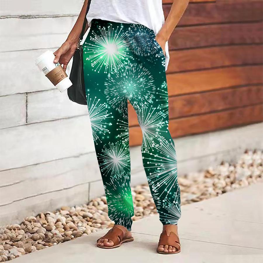 Women Fireworks Printing Pants Lace Up Elastic Waist Loose Trousers Casual Long Pants Trousers with Pockets