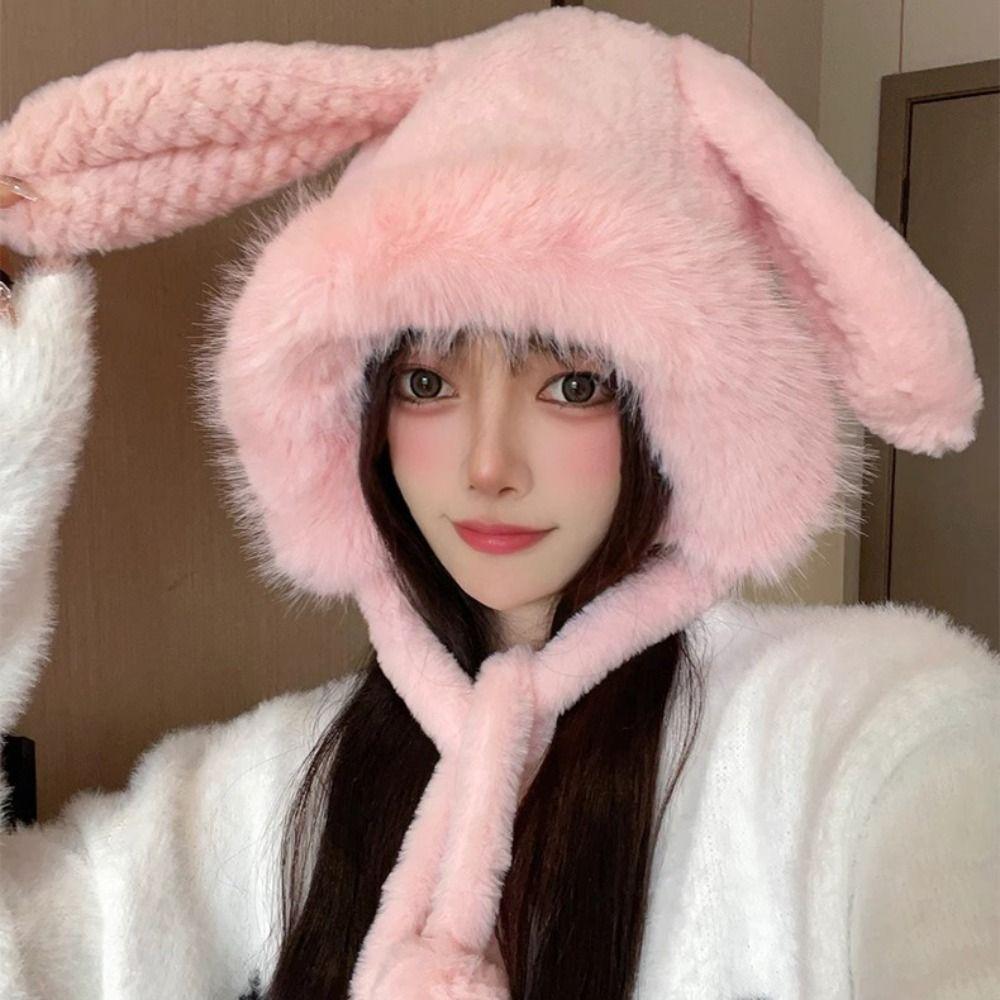 Warm Plush Ear Protection Hat Cute Bucket Hat New Big Rabbit Ears Hat Women