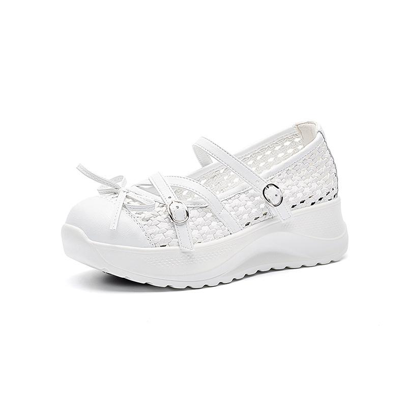 Плетеные белые туфли с вырезами женские летние новые корейские на толстой подошве маффин повседневные модные универсальные туфли для увеличения роста