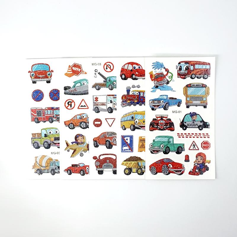 10 листов/набор красочные тату-наклейки с блестящей пудрой, мультяшные животные, единорог, принцесса, транспорт, временные поддельные татуировки для детей