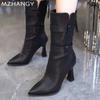 Pointed Toe Women Snow Mid Calf Boots Leather High Heels Shoes Elegant Woman 2025 Trend Pumps Winter New Mujer Chelsea Boots
