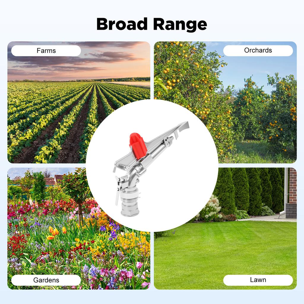 Регулируемая спринклерная пушка для полива, 360° вращающийся распылитель воды для газона, дальность 80 м, корпус из цинкового сплава, для фермерского сада газона