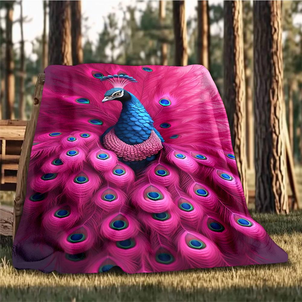 1pc Peacock Feather Print Throw Blanket Polyester Fiber, Lightweight Flannel, Soft & Warm, All Season Use for Outdoor, Camping Digital Print