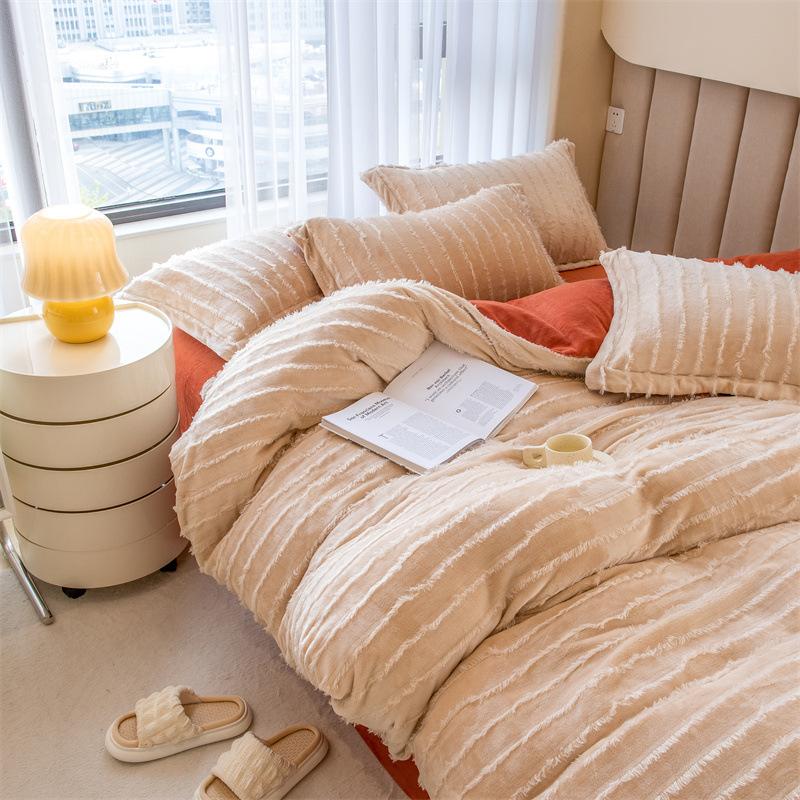 Ins однотонное молочное бархатное одеяло из четырех частей с бахромой кораллового бархата, зимнее фланелевое одеяло, пододеяльник, постельные принадлежности