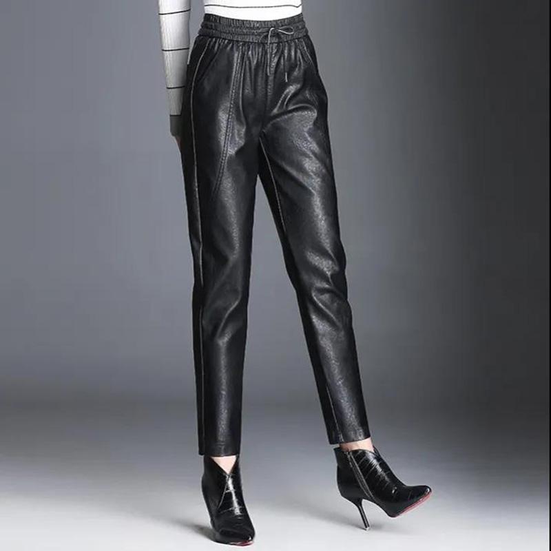 Plus Velvet Thickened PU Leather Pants Women's Loose Wide Leg Pants High Waist Nine Points Harem Pants Trousers