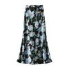 Qooth Maxi Skirt  A Line Fishtail Hem with Floral Print Elegant Elastic Waist QT2760