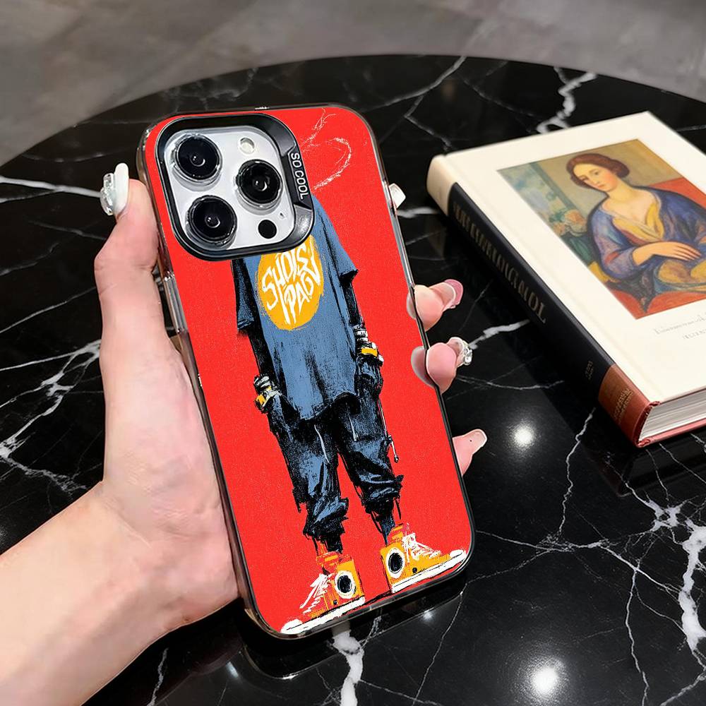 Hip-hop Comic Character Sticker Phone Case For iPhone 17,16,15,14,13,12,11 Plus,Pro Max,XS,Colored Silver Plated Inside Cover