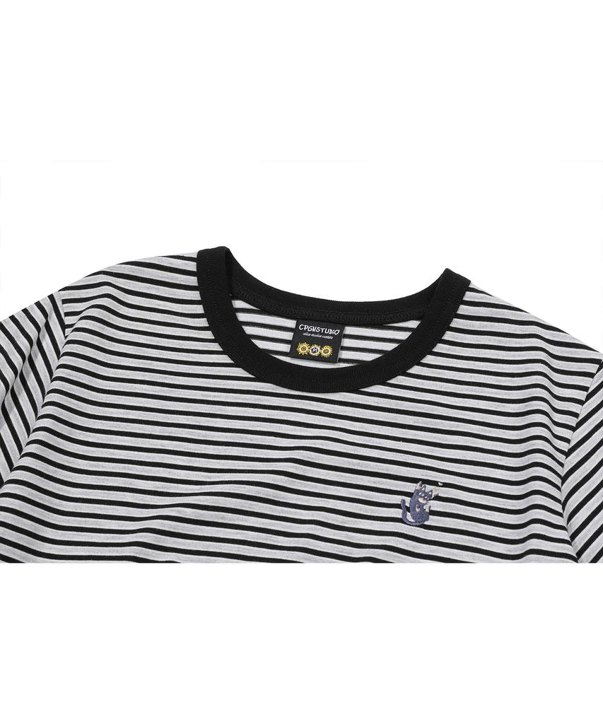 CPGN STUDIO Falling Cat Striped Crop Short Sleeve Tee Black