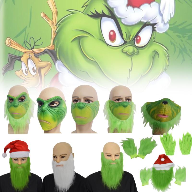 Маска Гринча на пол-лица с зелеными волосами и причудливым дизайном для рождественских празднований
