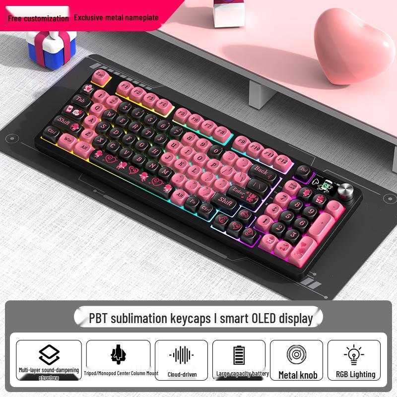 98-клавишная RGB беспроводная Bluetooth механическая клавиатура с тройным режимом - Игровая, для киберспорта и офиса, с настраиваемым экраном