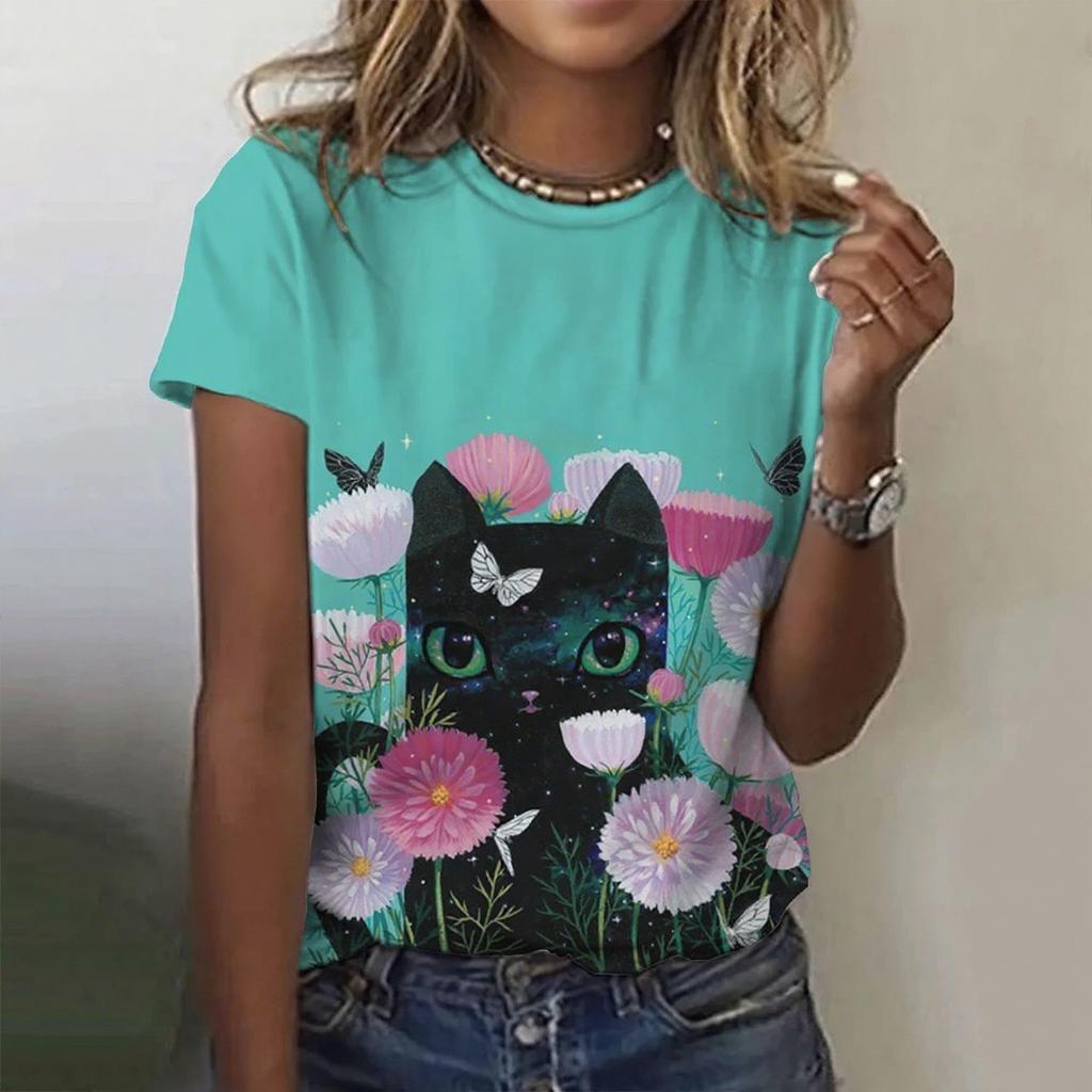 Летний топ с круглым вырезом, 3D-принтом милого кота каваи, модная повседневная женская футболка с коротким рукавом