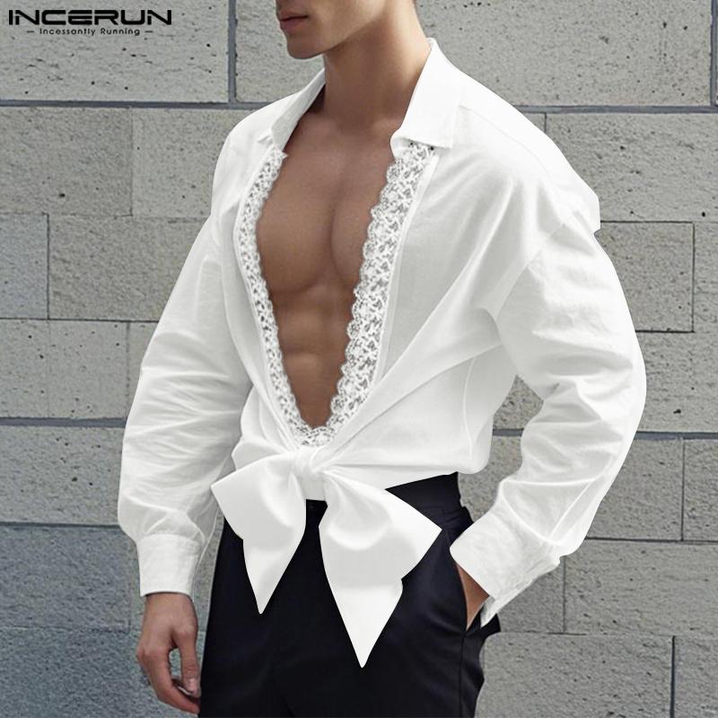 INCERUN Mens Deep V Neck Lace Hem Long Sleeve Irregular Bow Knot Loose Shirts Tops