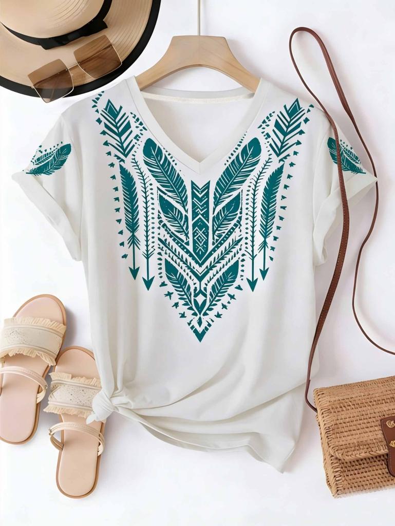 2026 Women's V-Neck T-Shirt Vintage Ethnic Graphic Short Sleeved Tops Daily Wear 3D Print Tees Summer Elegant Female Clothing