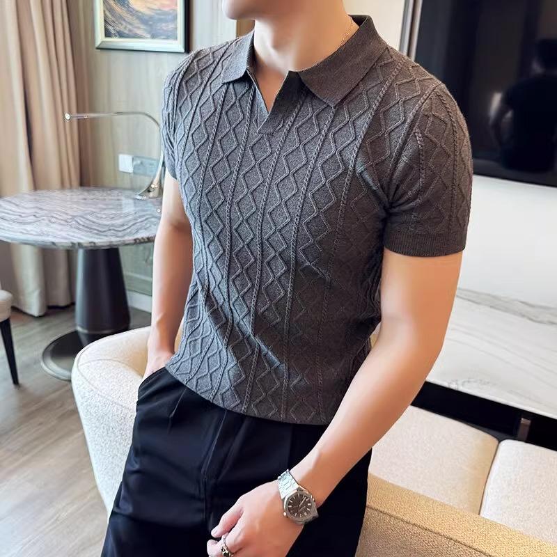 Свитеры в стиле поло Мужские Летние Приталенные С коротким рукавом Business Casual Футболки Однотонные С отложным воротником Вязаные изделия