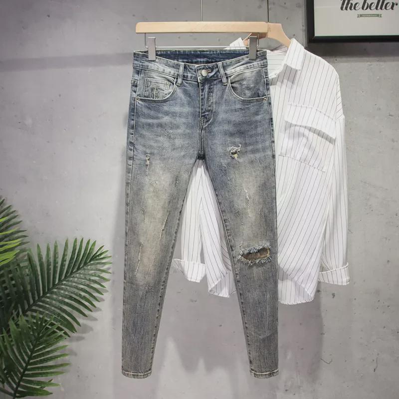 Джинсы облегающего кроя в корейском стиле для мужчин с рваными краями - модные эластичные узкие джинсы весна/лето