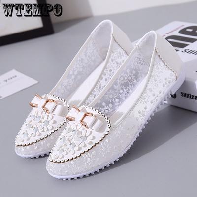 Весенне-летние сандалии без шнуровки на плоской подошве, удобные и дышащие женские однотонные туфли с кружевной сеткой и универсальными одинарными туфлями с бантом