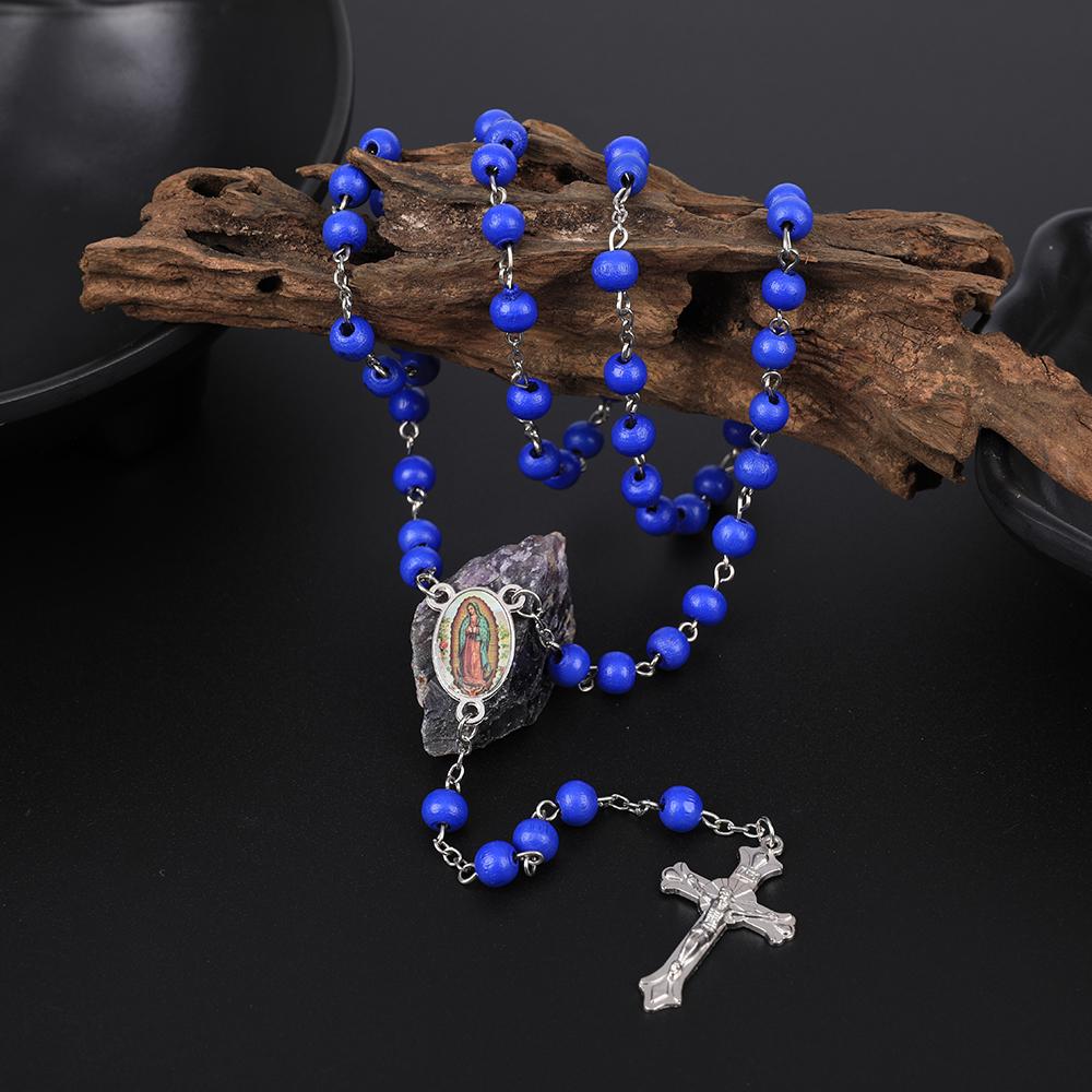 Wood Rosary Necklace For Women 6MM Wooden Prayer Beads Long Chain Religious Virgin Mary Cross Pendant Men Party Jewelry Gift