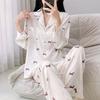 Printed ice and snow silk pajamas women's spring and autumn lapel collar long-sleeved trousers sweet silk high-end loungewear women's suit