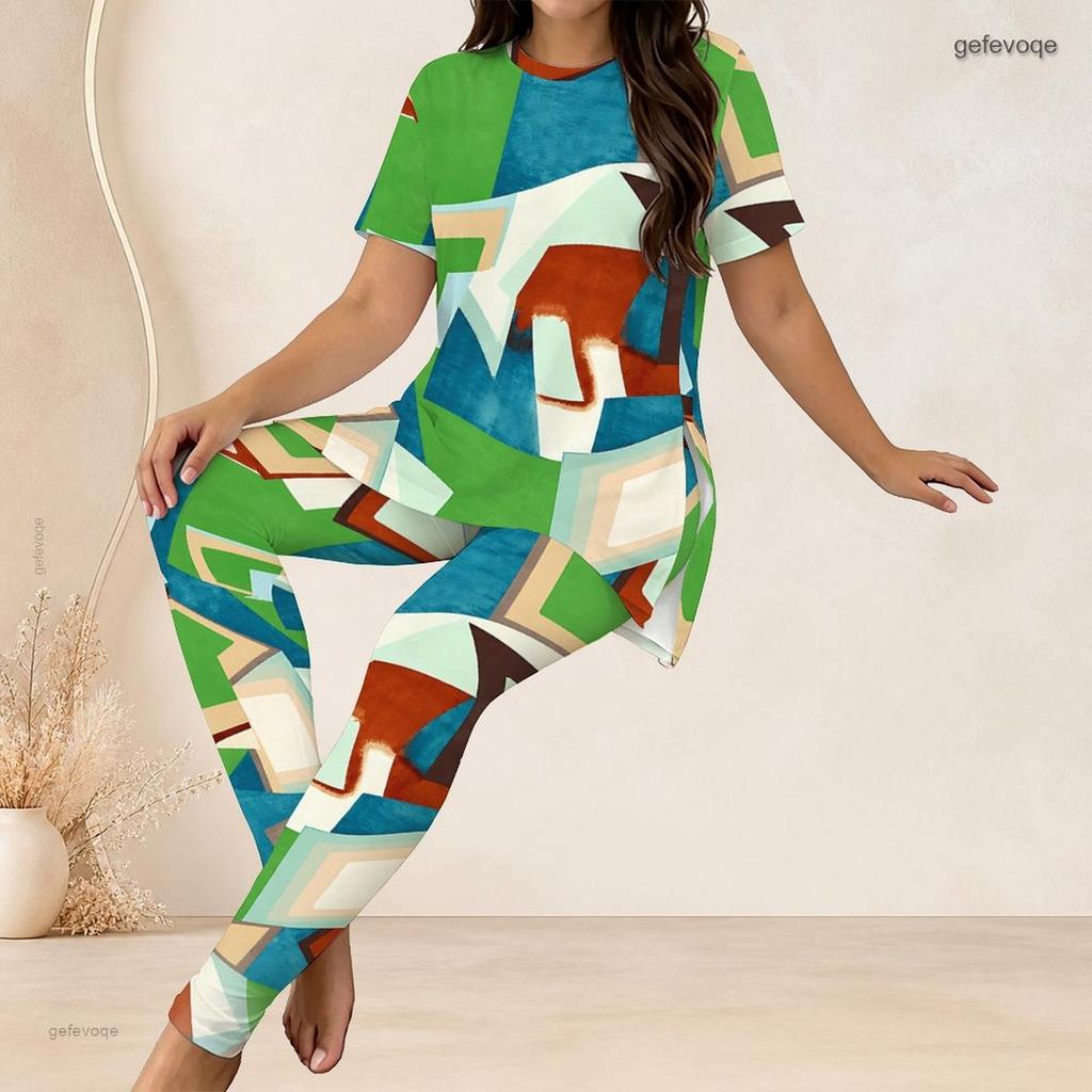 Women Plus Size Striped Printed Round Neck Short Sleeve Two Piece Set Long Top And Fitted Pants