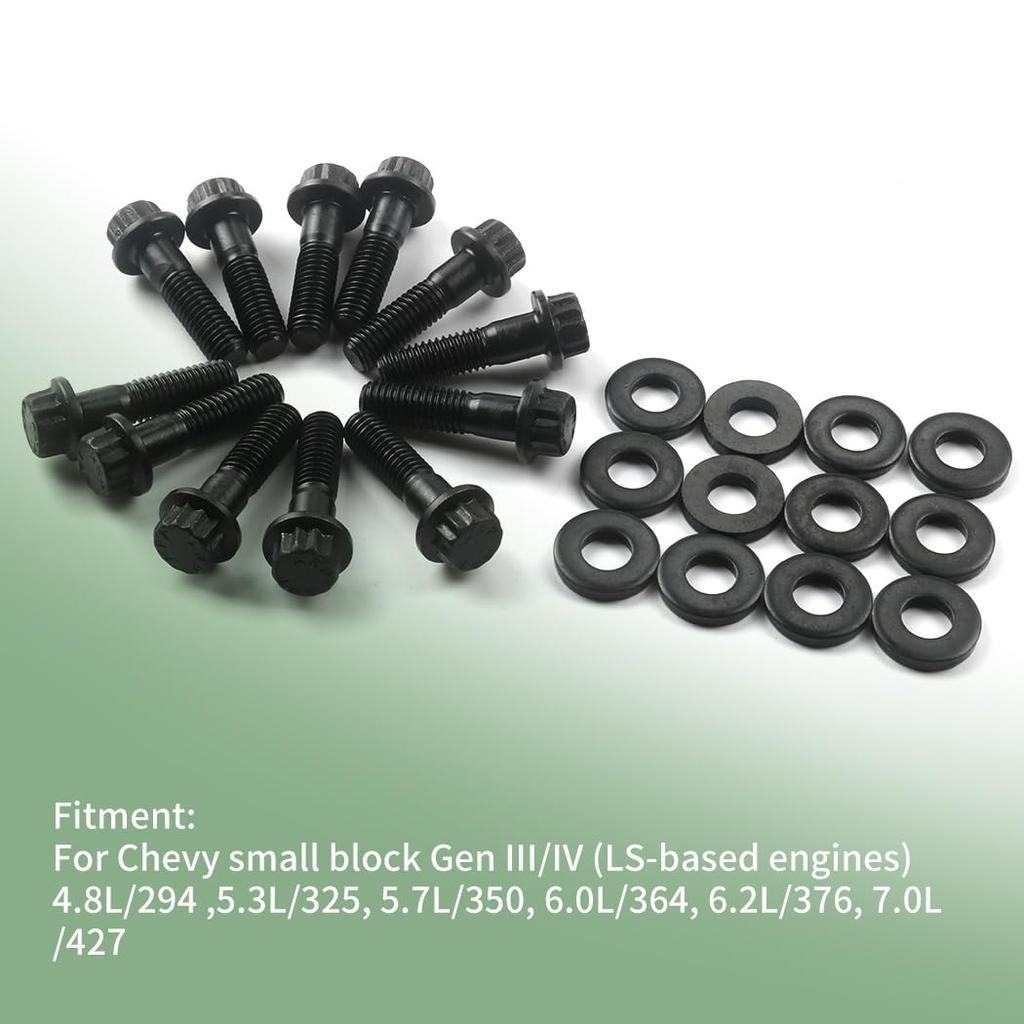 Комплекты болтов выпускного коллектора из хромомолибденовой стали для Chevrolet Gen III/LS Серии с 4.8, 5.3, 5.7, 6.0, 6.2, 7.0 литра, ширина 3/8" Заменяет # 134-1202 12 ШТ.