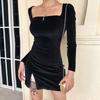 Autumn New Solid Color Velvet Dress Sexy U-neck Style Round Neck Slit Skirt