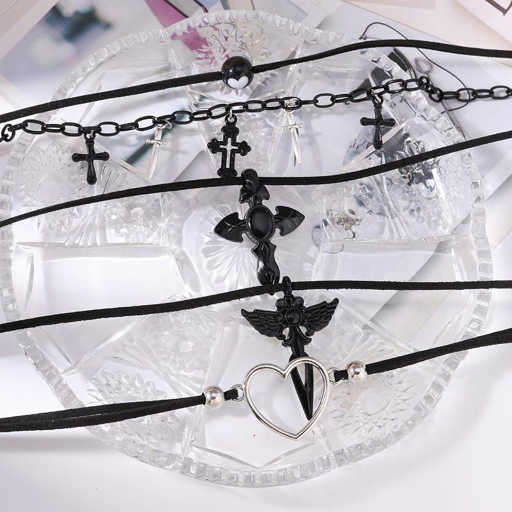 Cool Gothic Black Cross Pendant Necklace for Women Men Love Heart Leather Rope Necklaces Streetwear Hip Hop Punk Jewelry Gifts