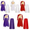 Girls Worship Dance Outfit Long Sleeve Color Block Metallic Patchwork Zipper Back Dress & Wide Leg Pants