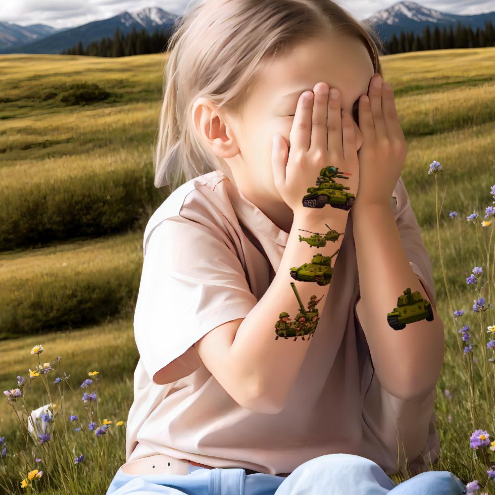 63 шт. Временные татуировки Фигурки солдат Временные наклейки-татуировки Военная техника Иллюстрации танков Мультяшные Для детей Девочек