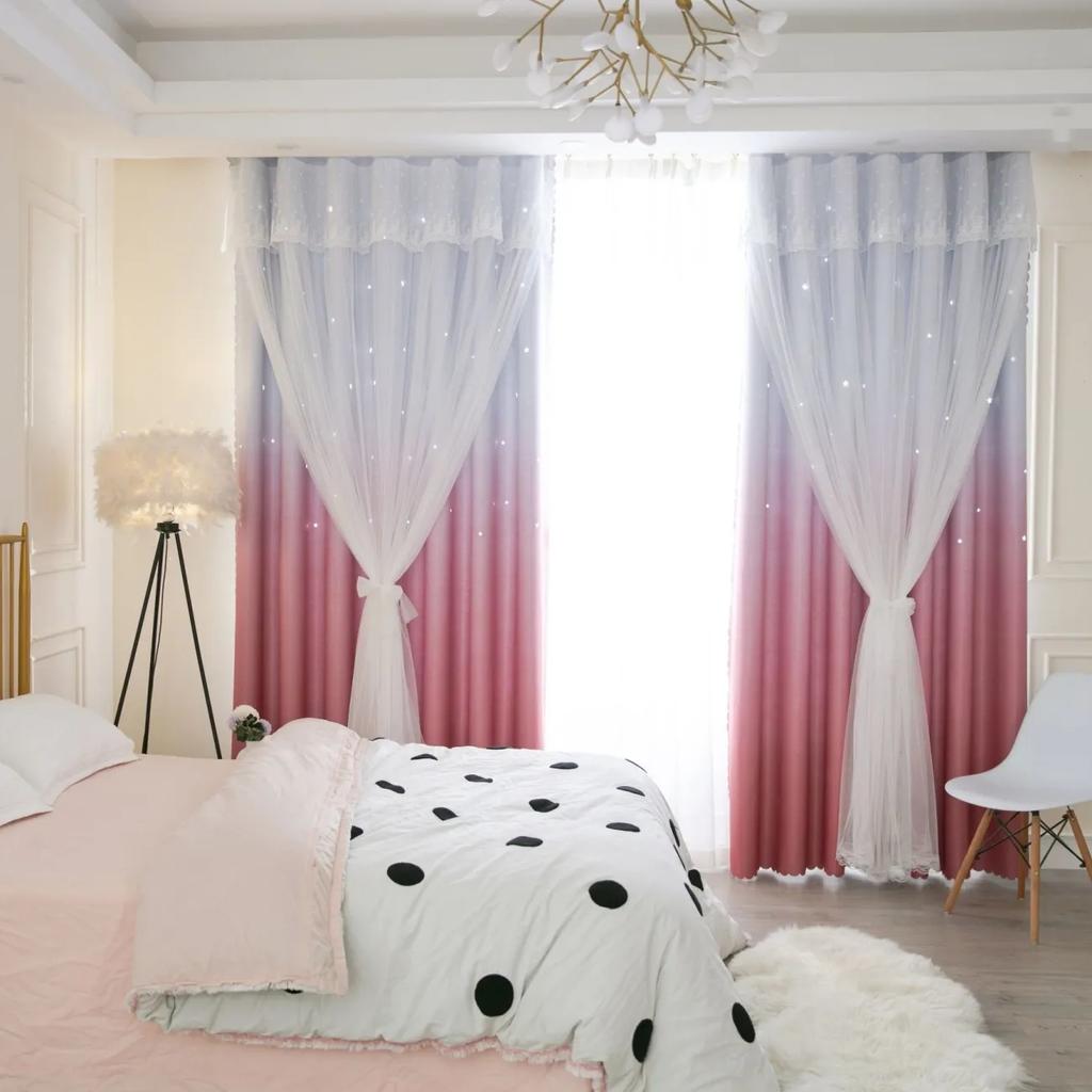 2 шт., простая градиентная цветная занавеска со звездами, занавеска принцессы Ins с высоким затемнением, для спальни, гостиной, двойная тканевая марлевая занавеска