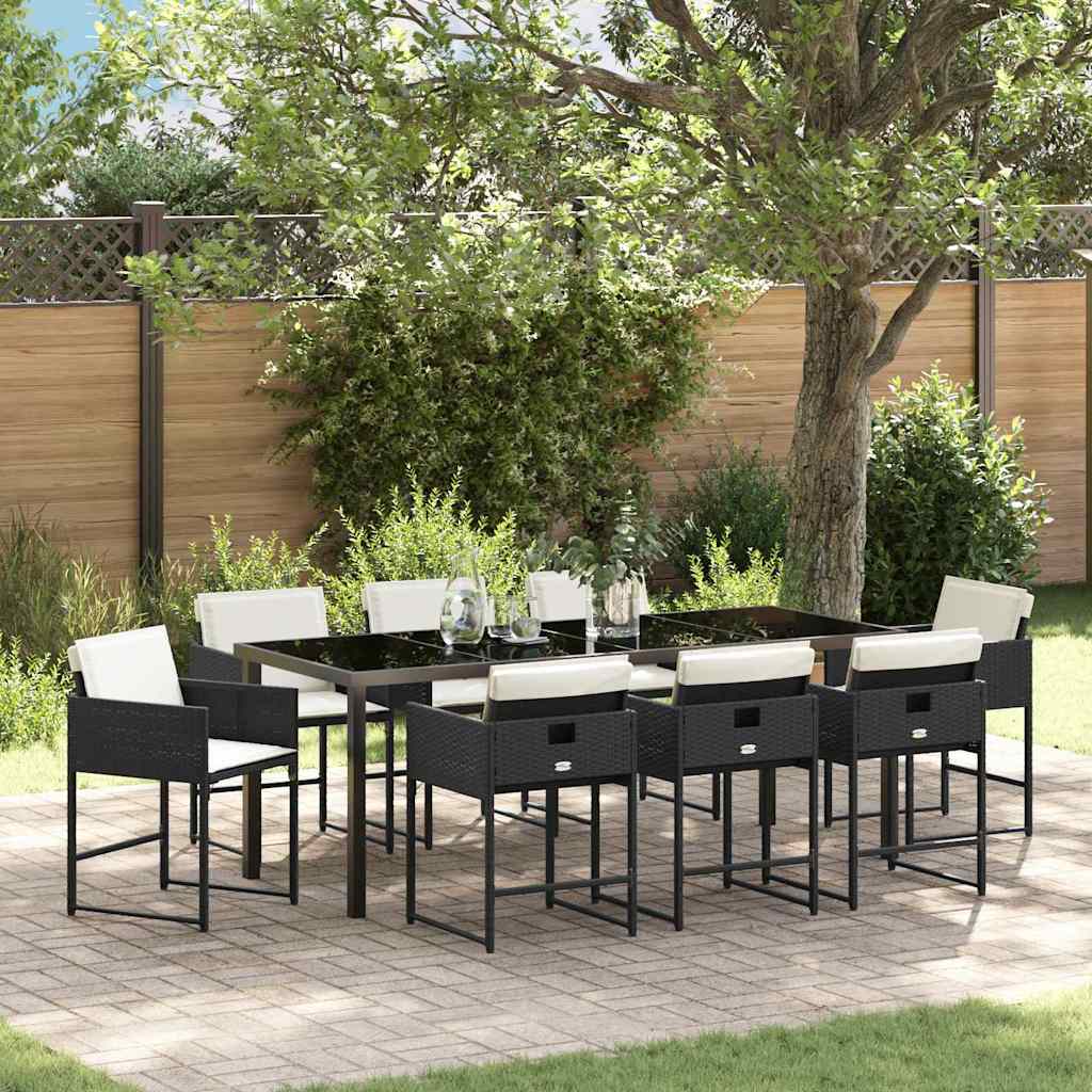 Garden Dining Set with Cushions 9 pcs Black Poly Rattan