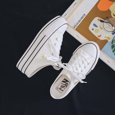 Маленькие ромашки на толстой подошве и с внутренней высотой без каблуков, тапочки, полуподдержка, студенты, парусиновые туфли, туфли на танкетке, женские