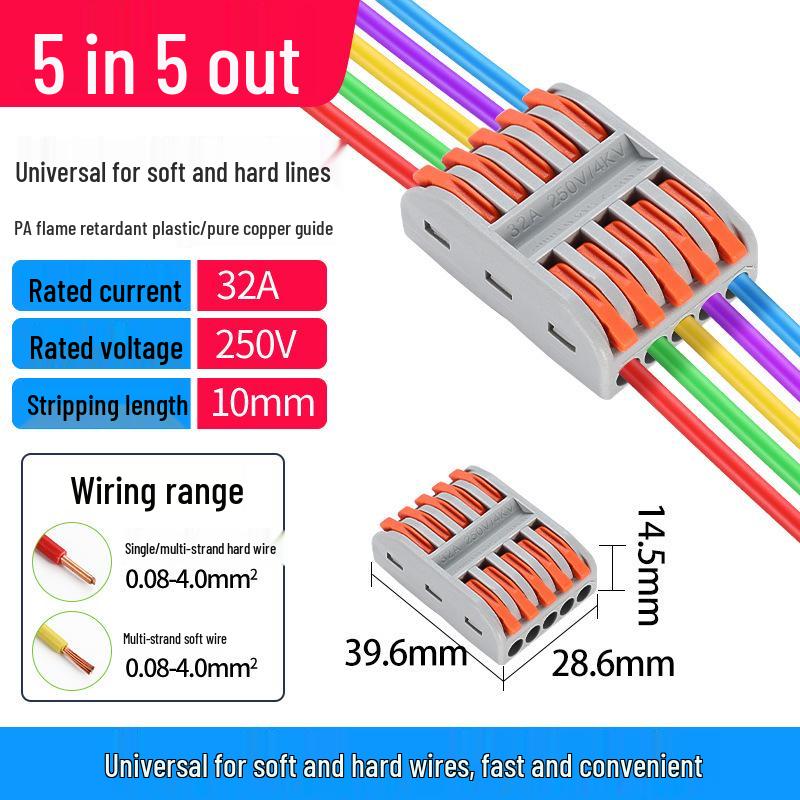 PCT Push-in Quick Wiring Terminal and Branch Connector for Stranded/Solid Wire, 2-in 2-out