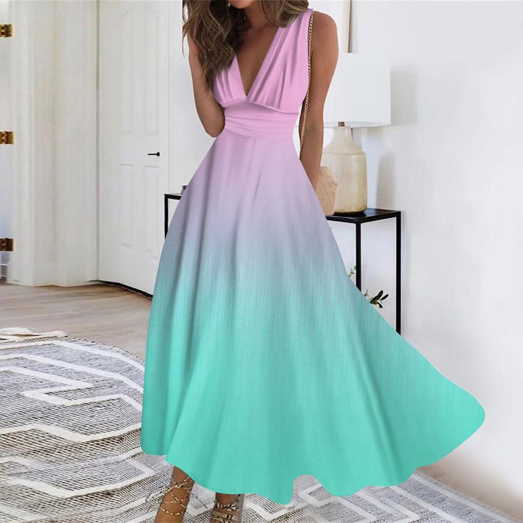 Женское длинное платье Платье макси Повседневное платье Летнее повседневное платье без рукавов с v-образным вырезом в стиле бохо с талией в стиле ретро с принтом