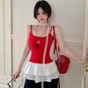 Ballet Style O-neck Sleeveless T-shirt Summer MODAL COTTON Sexy Sling T Shirt for Women Lotus Leaf Slim Elastic Skinny Red Tops
