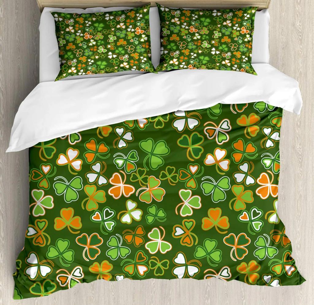 St. Patrick'S Day King Queen Bedding Set Lucky Shamrocks Duvet Cover Irish Clover Celebration Day Party Polyester Quilt Cover