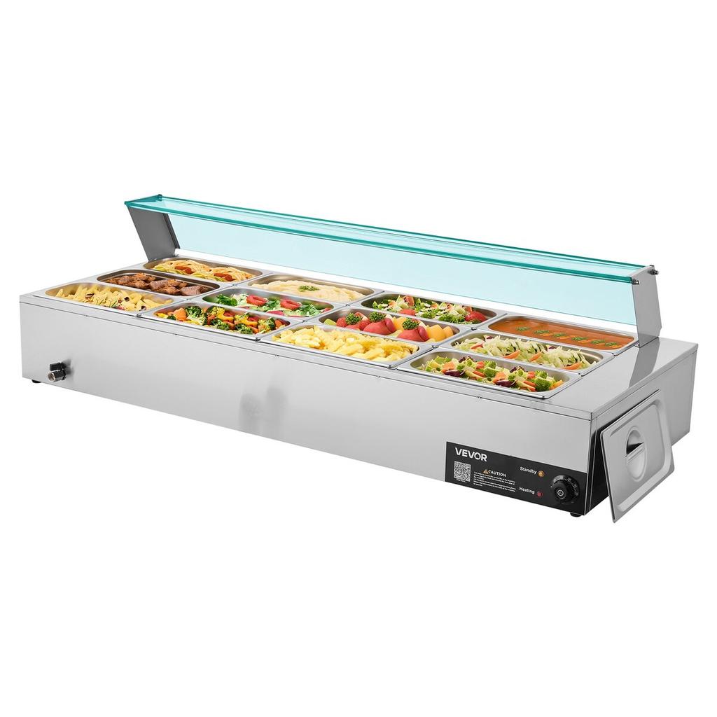 Commercial Food Warmer, 1700W Electric Stainless Steel Steam Food Warmer with Glass Cover, 12-Pan Countertop Buffet Bain Marie with Soup & Perforated
