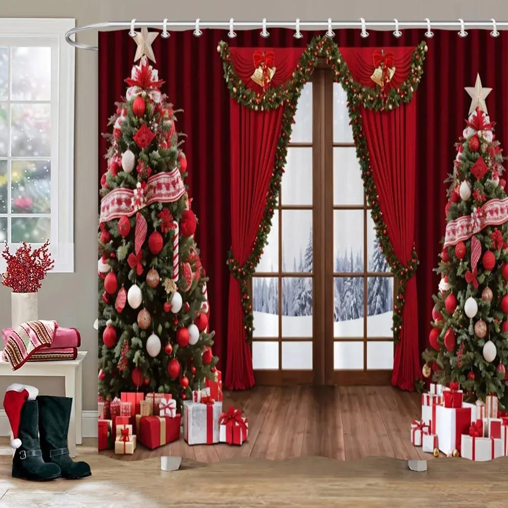 Рождественская вечеринка Занавески для душа Камин Рождественская елка и подарки Снеговик Снежная сцена Моющаяся занавеска для душа Арт Декор для ванной