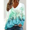 Women's Elegant V-Neck Long Sleeve T-Shirt Blue and White Marble Pattern