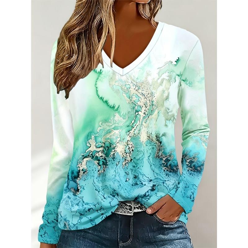 Women's Elegant V-Neck Long Sleeve T-Shirt Blue and White Marble Pattern