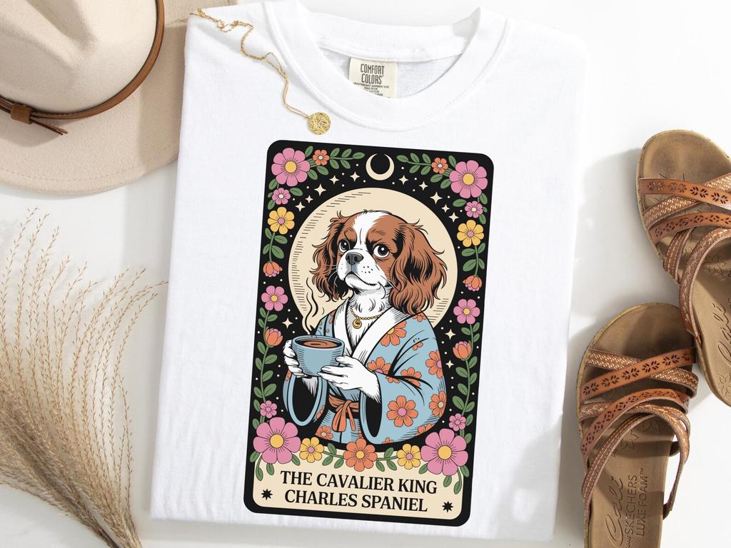 Tarot Cavalier King Charles Spaniel TShirt, Funny Dog Tarot Card Tee, Mystic Spaniel Shirt, Coffee Dog Shirt, Spiritual Pup Tee