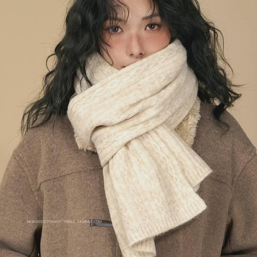 Теплый ретро-белый вязаный шерстяной шарф: Мягкий клейкий рисовый дизайн для женщин и мужчин