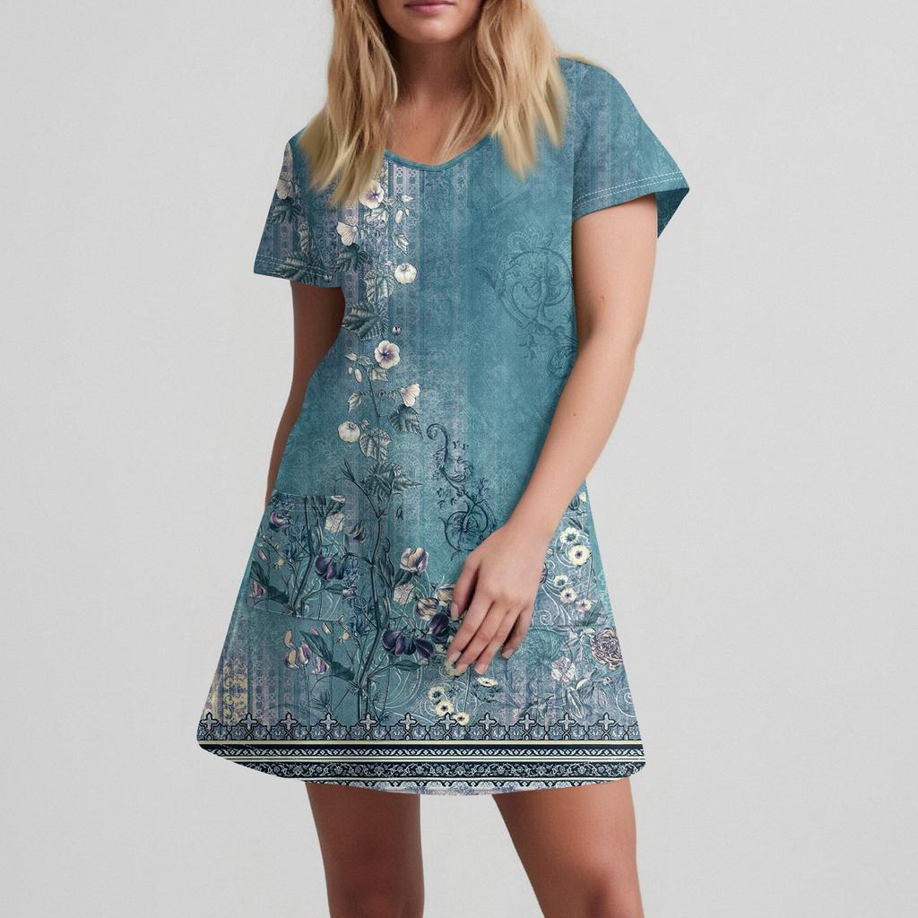 Ladies' Casual And Fashionable V-neck Short Sleeve Printing Mid Length Dress
