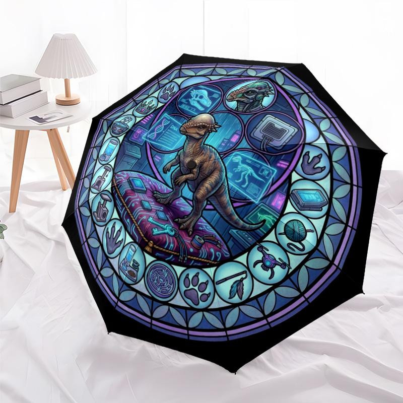 Cyber Dinosaur Lab pattern umbrella, portable and foldable design, 8 ribs, a casual accessory for Halloween, Christmas, and birthday gifts.