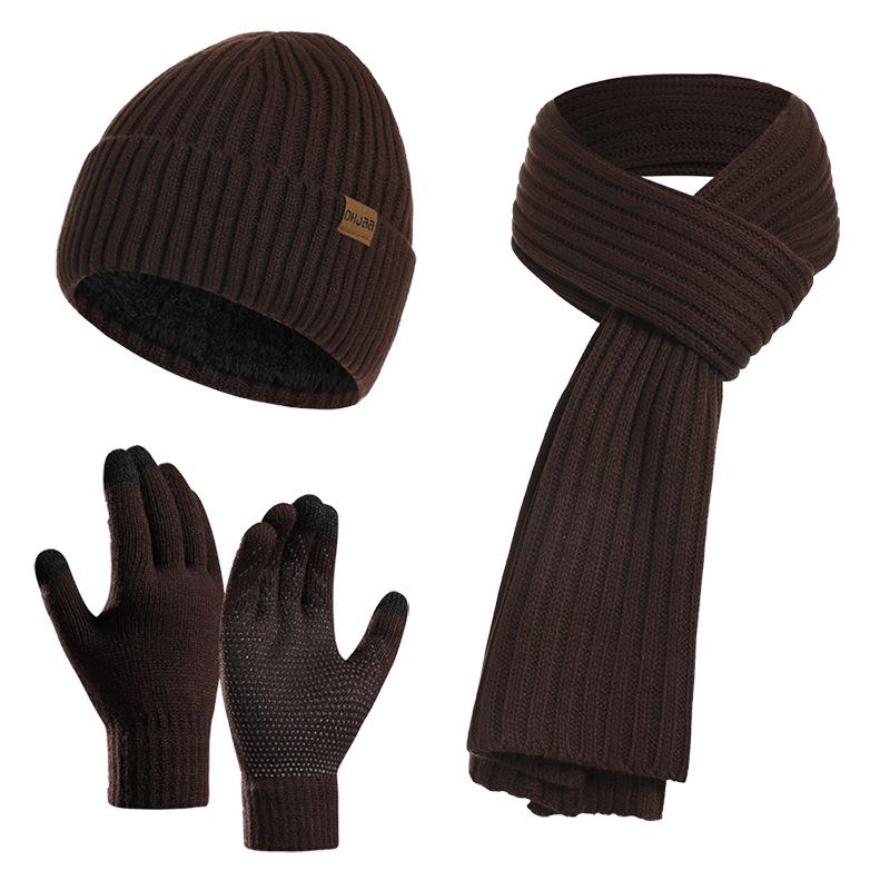 Men's and Women's Autumn and Winter European and American Knitted Hat Sets Solid Color Scarf Hat Three-piece Set